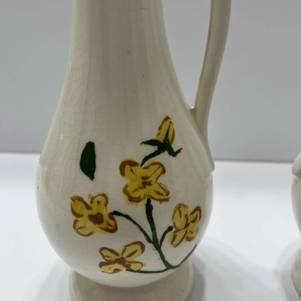 Vintage Off-White Floral Vases Set Of 2 Yellow Flowers Signed 1964 Ceramic